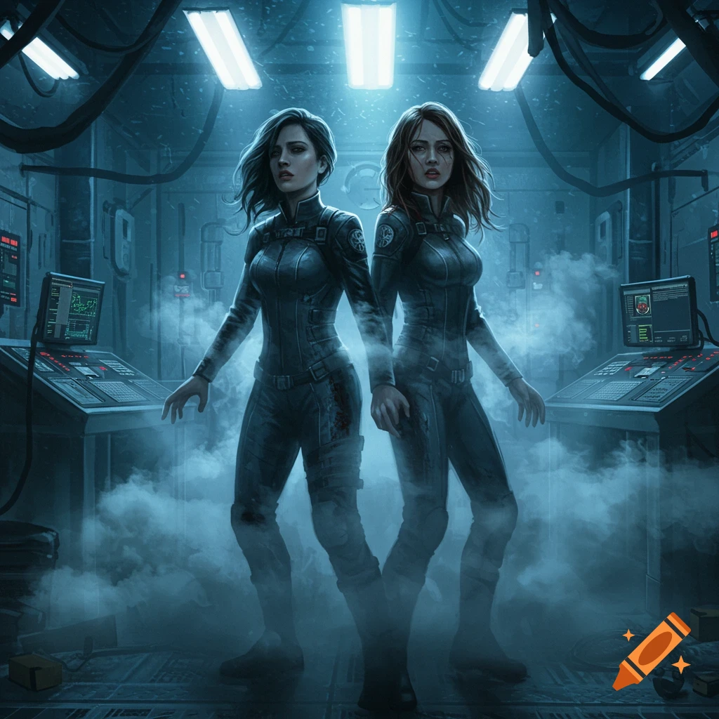 Two women spies looking woozy in a smoky, futuristic control room with blue lighting, digital art style.