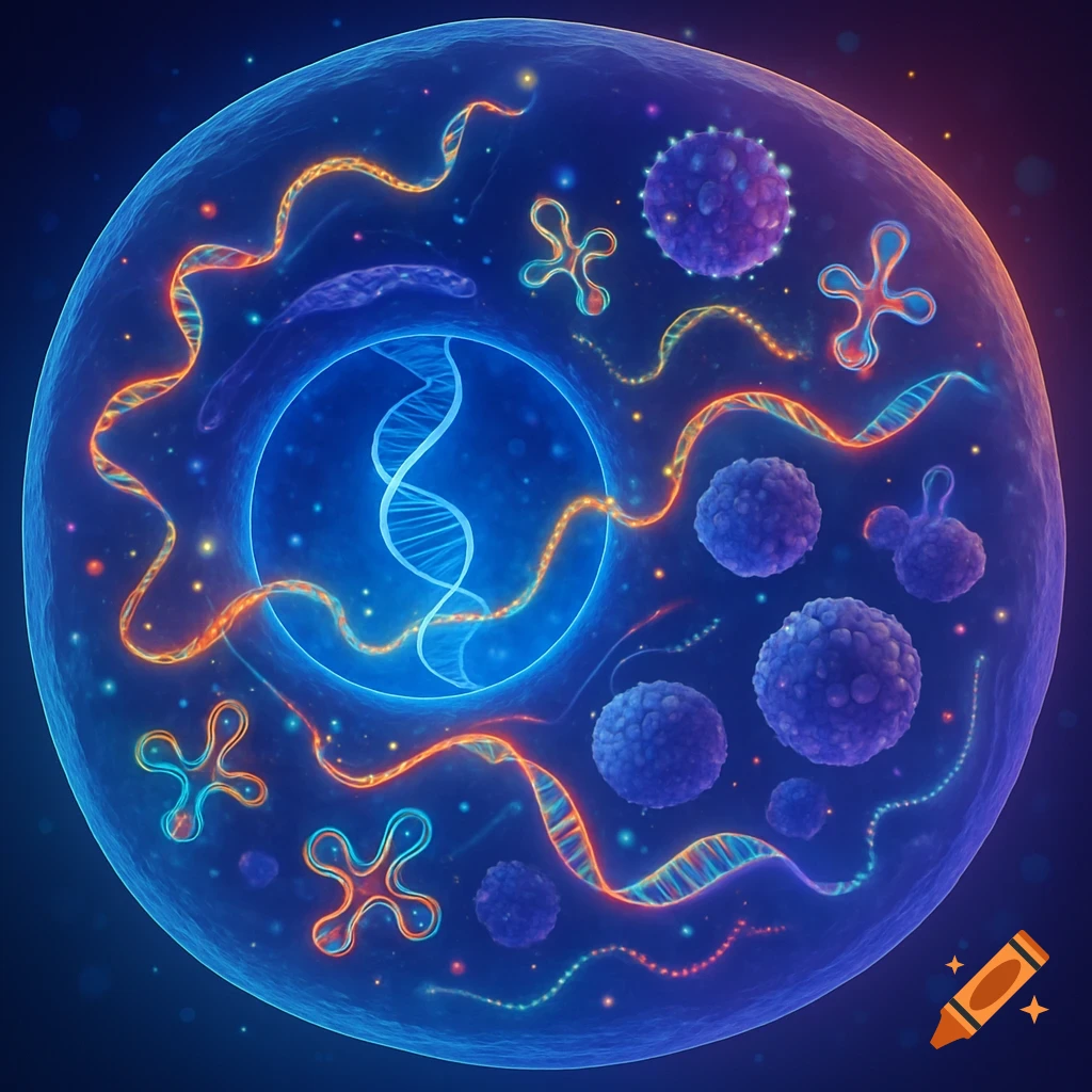 Vibrant blue cell interior with glowing DNA helix, surrounded by orange, blue, and purple molecular structures.