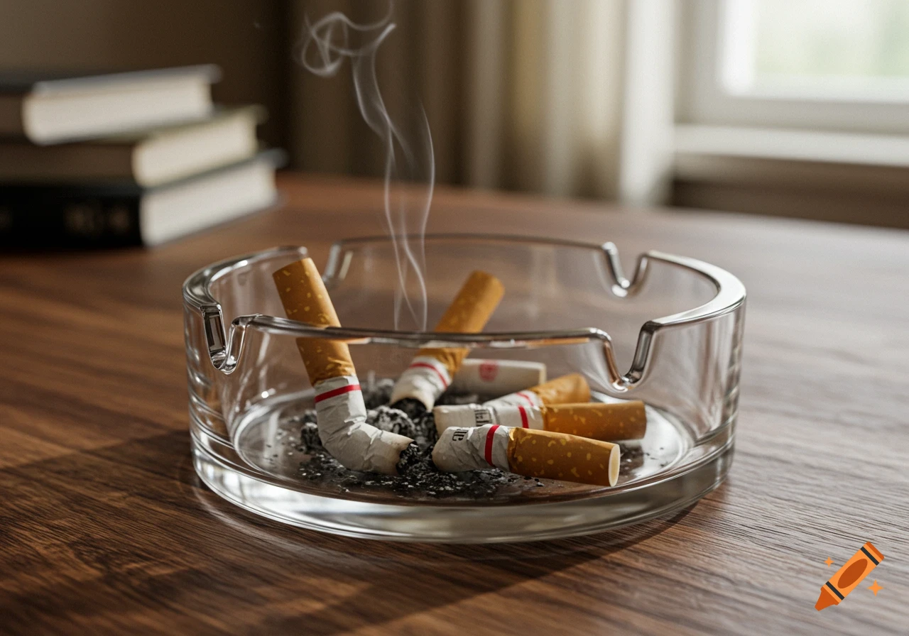A clear glass ashtray filled with cigarette butts and ash sits on a polished wooden table, with smoke curling upwards. Books are blurred in the background.