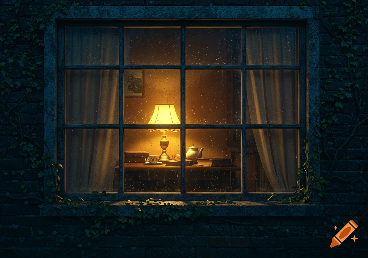 A cozy night scene looking through a rain-streaked window into a warmly lit room with a lamp, books, and a teapot.