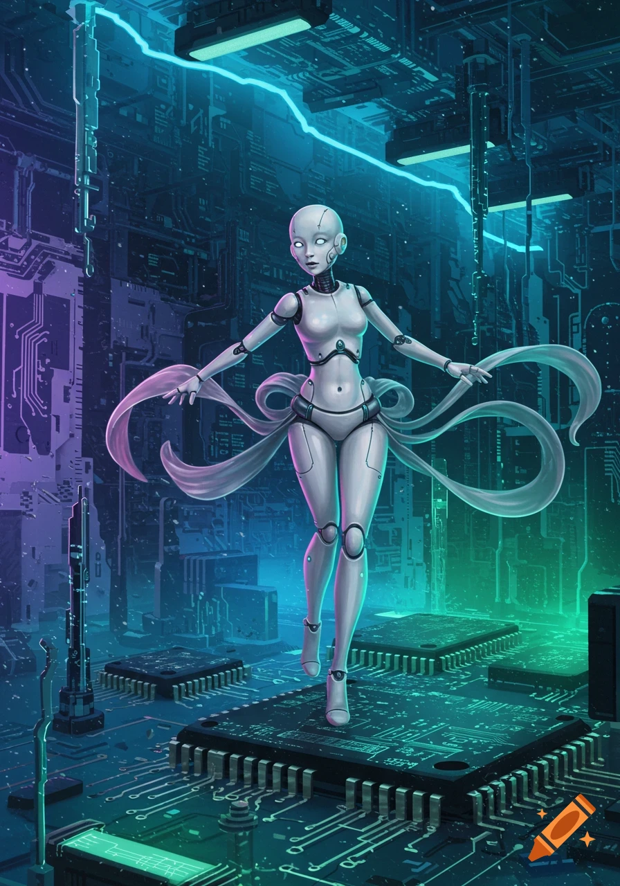 A sleek white humanoid robot with flowing ribbons stands on a giant circuit board, illuminated by neon blue and green circuits.