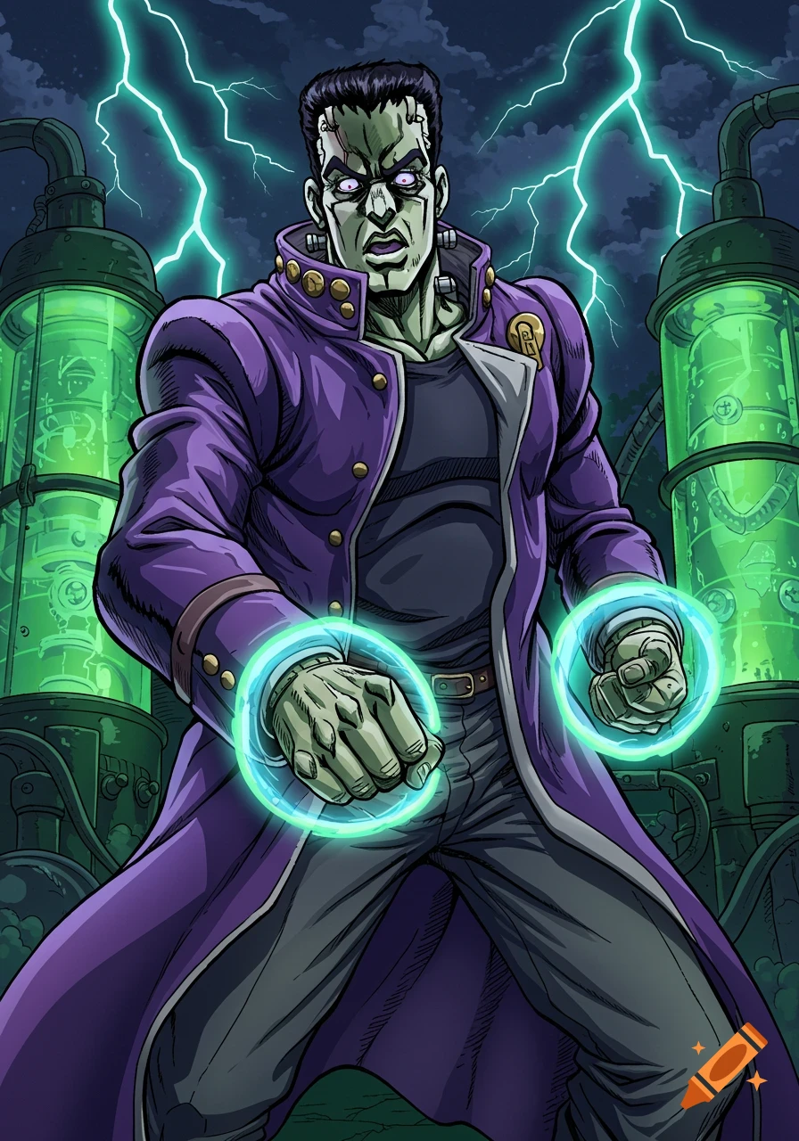 Anime-style Frankenstein character with green skin and glowing fists, wearing a purple coat, stands in a stormy lab.