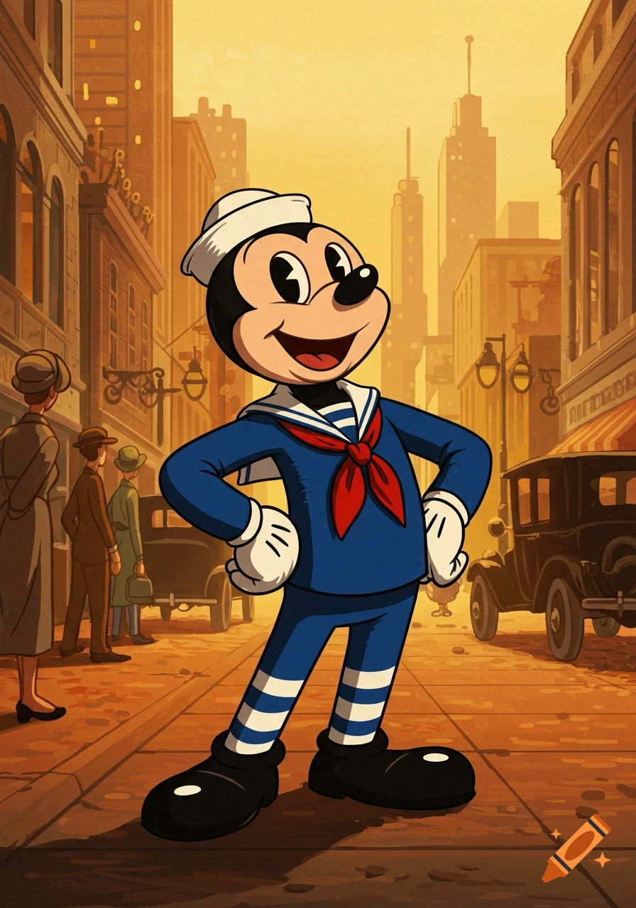 Mickey Mouse in a sailor uniform stands smiling on a vintage city street, full-color illustration.