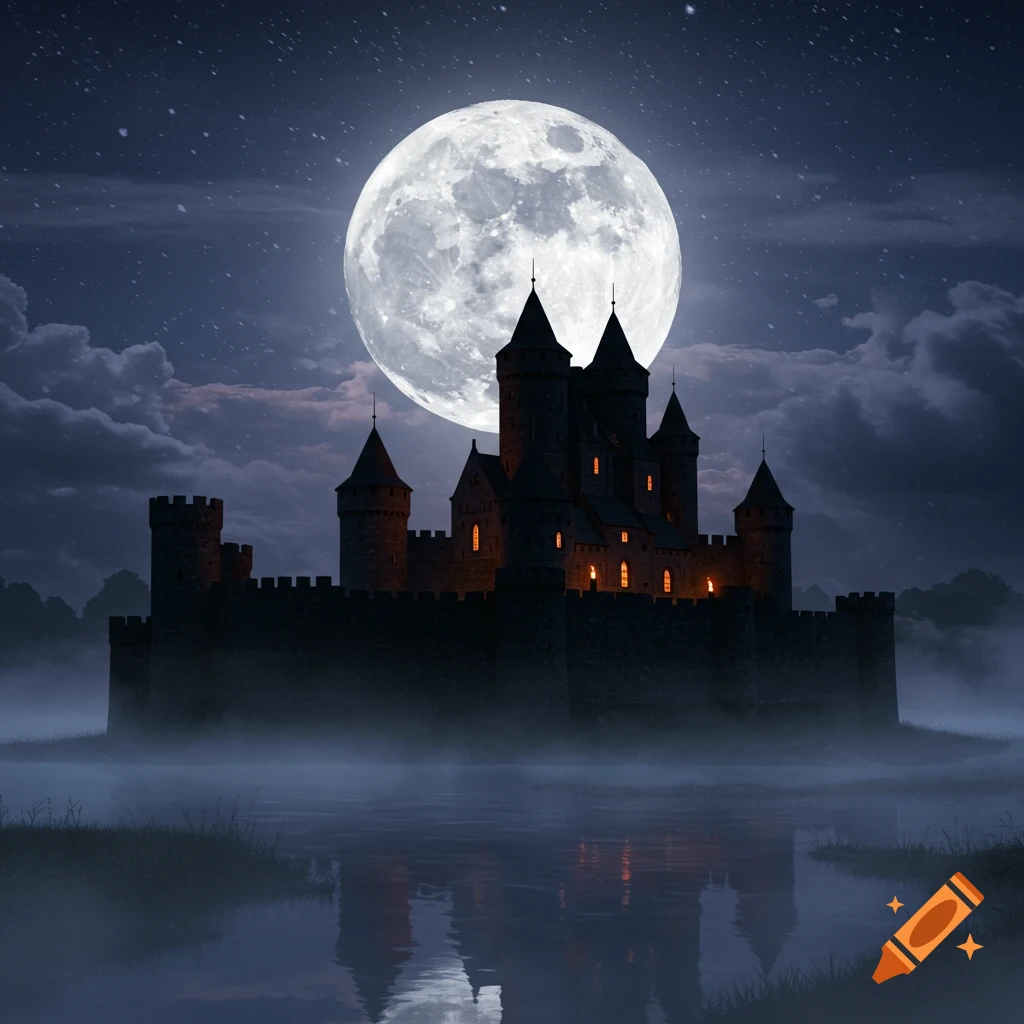 A dark, mysterious castle with glowing windows stands in mist, reflected in water under a large full moon and starry night sky.