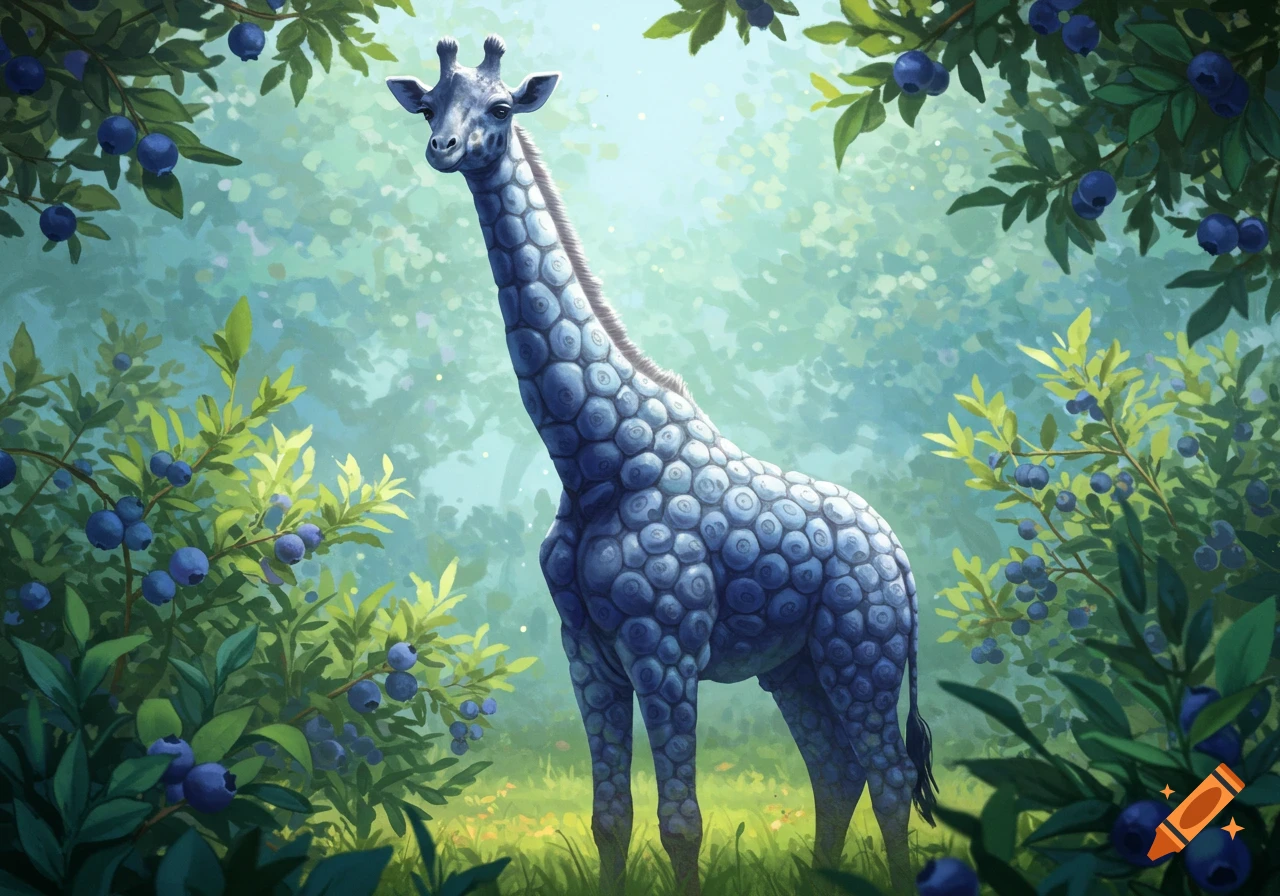 An illustration of a blue giraffe with bumpy, blueberry-like skin, standing in a lush green forest with blueberry bushes.