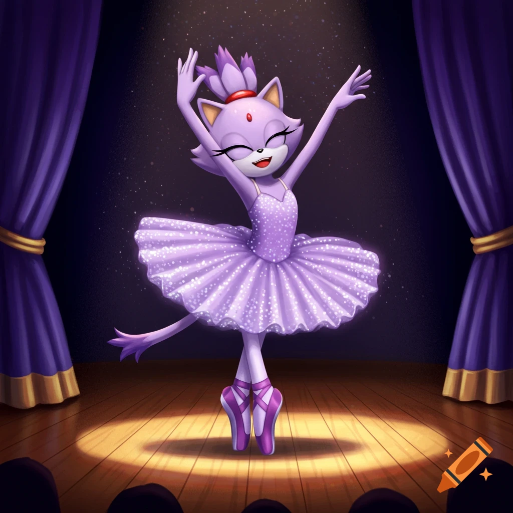 A purple cartoon cat character, Blaze the Cat, in a sparkly purple tutu and pointe shoes, dancing ballet on a wooden stage under a spotlight.
