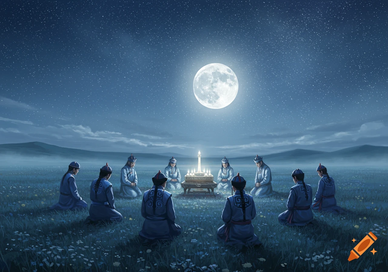 People in traditional Mongolian attire kneel around an illuminated altar in a grassy field under a brilliant full moon and starry night sky.