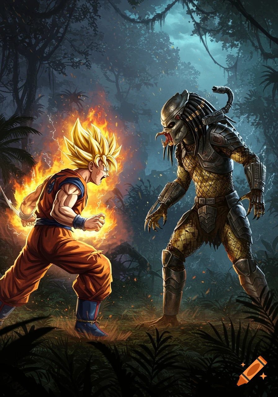 Goku in Super Saiyan form with fiery aura confronts Predator in a dark, lush jungle, stylized illustration.