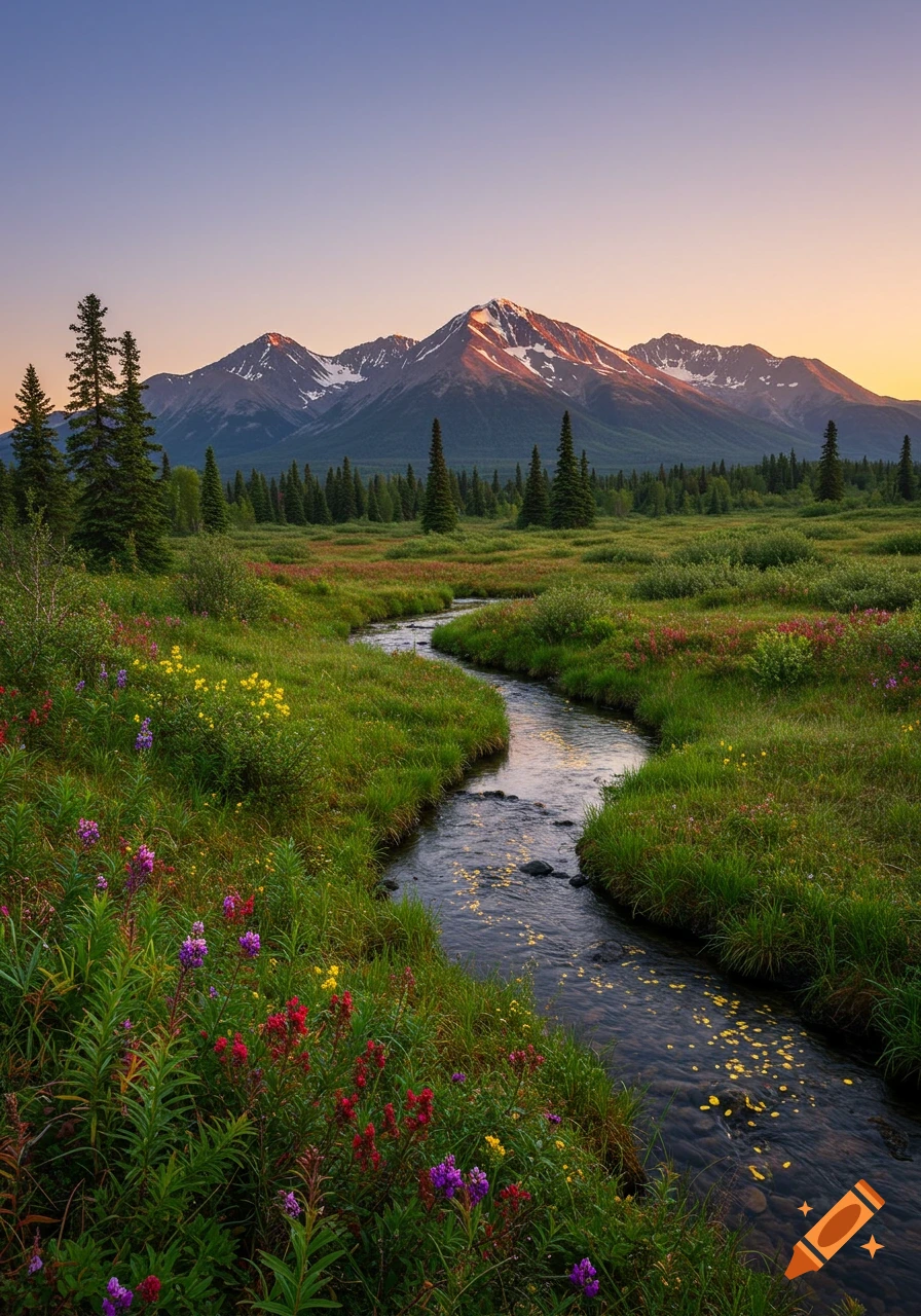 A serene Alaskan landscape at sunrise with golden light on snowcapped mountains, a winding stream, green fields, and colorful wildflowers.