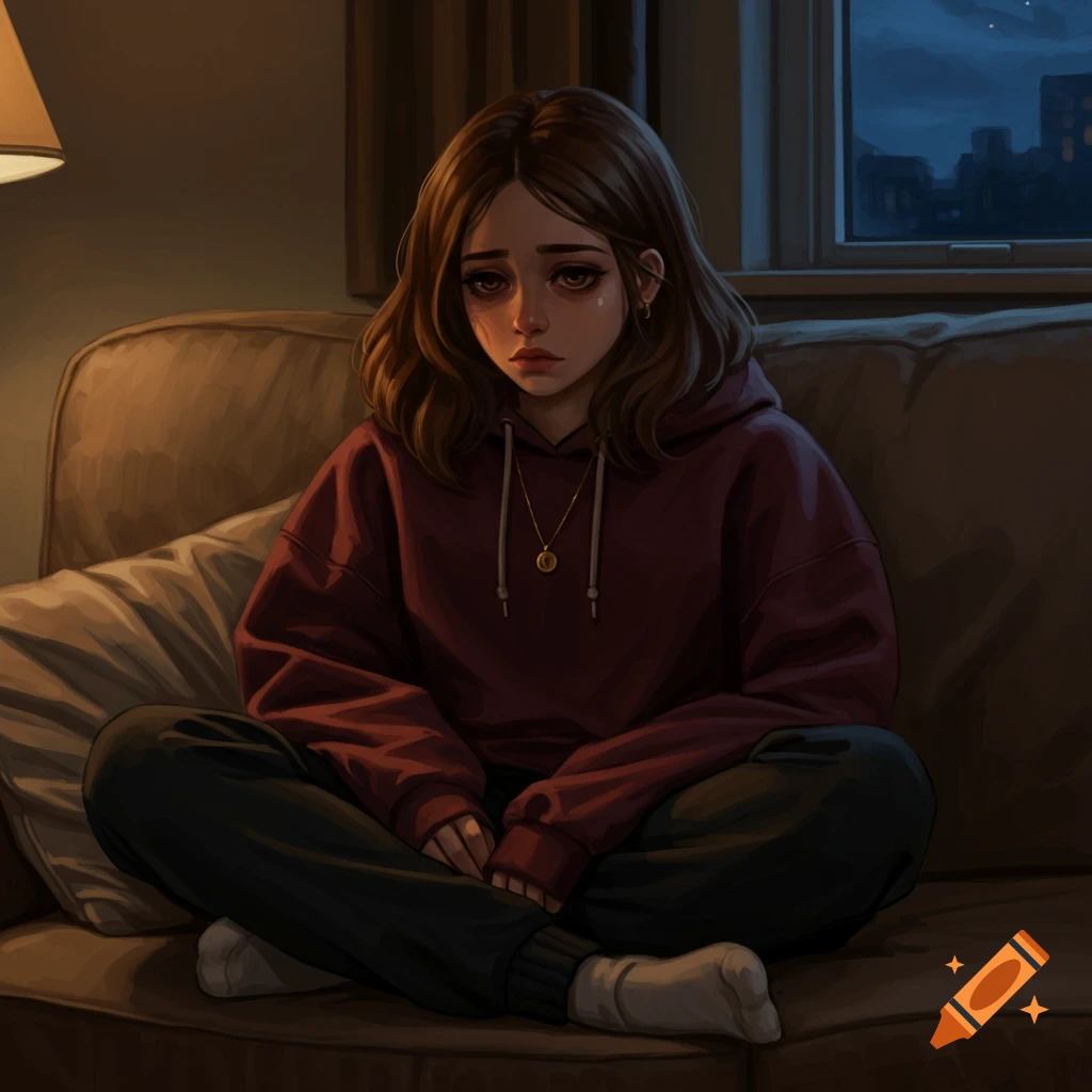 A sad, brown-haired girl in a burgundy hoodie sits on a couch in a dimly lit room, a city at night seen through a window. Digital art.