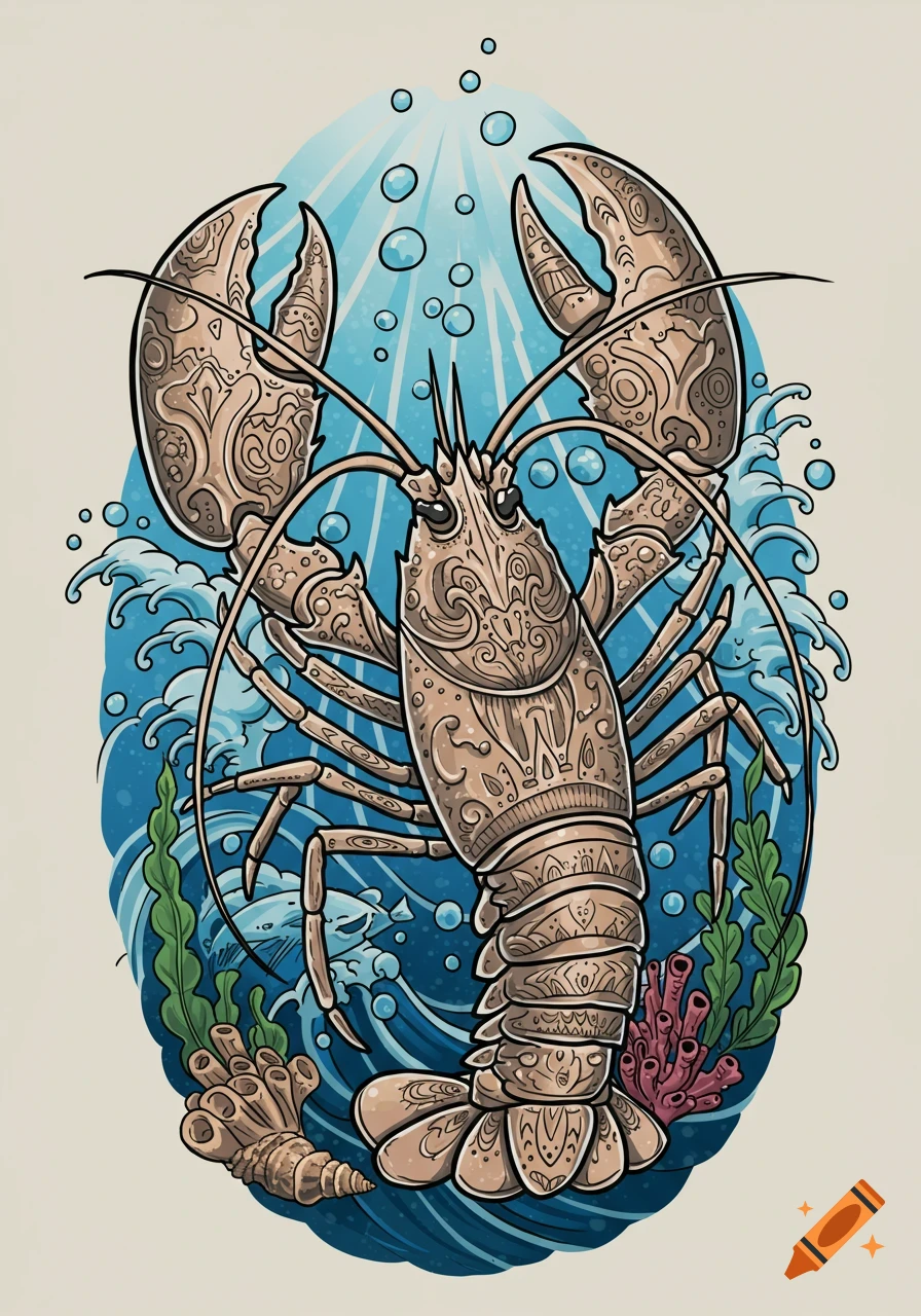 Stylized tattoo art of a brown lobster with intricate patterns, set against blue ocean waves, bubbles, and underwater flora.