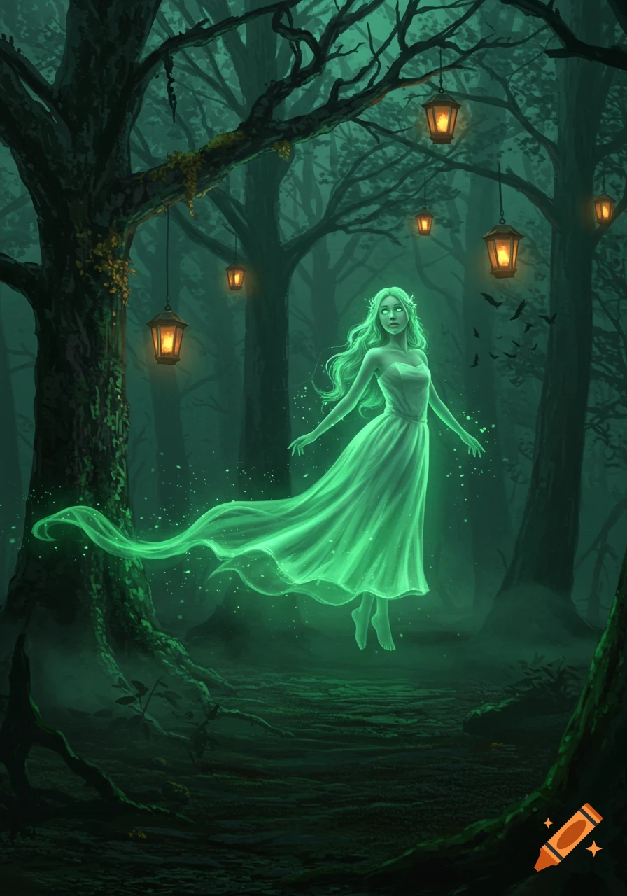 A glowing green ghost girl floats through a dark, mysterious forest with illuminated lanterns. Fantasy digital painting.