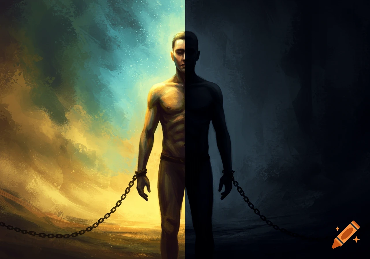 Digital painting of a man split down the middle, half illuminated by light and half in shadow, with chains on his wrists.