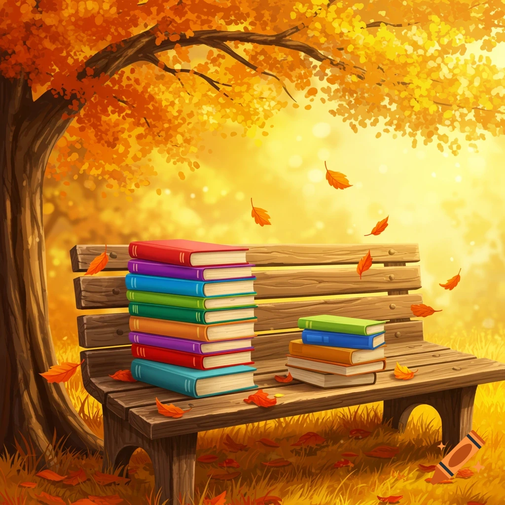 A vibrant digital illustration of colorful books stacked on a wooden park bench under a large autumn tree with falling orange leaves.
