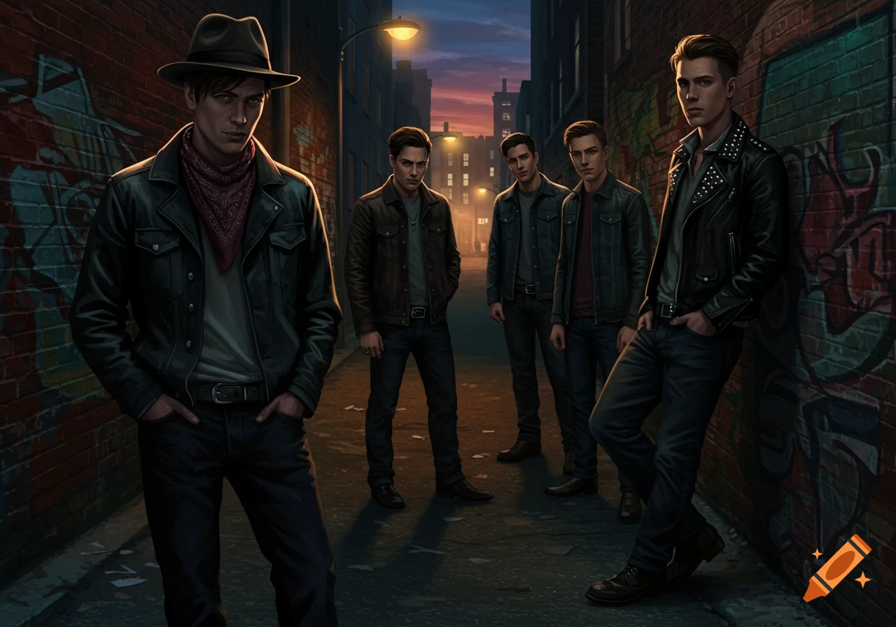 Five tough-looking young men in dark jackets and jeans stand in an urban alleyway at dusk, with graffiti on brick walls.