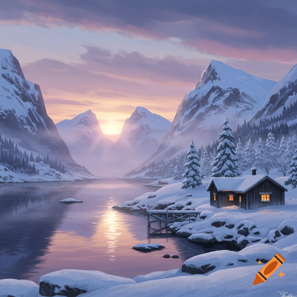 Realistic winter landscape with snowy mountains on Craiyon