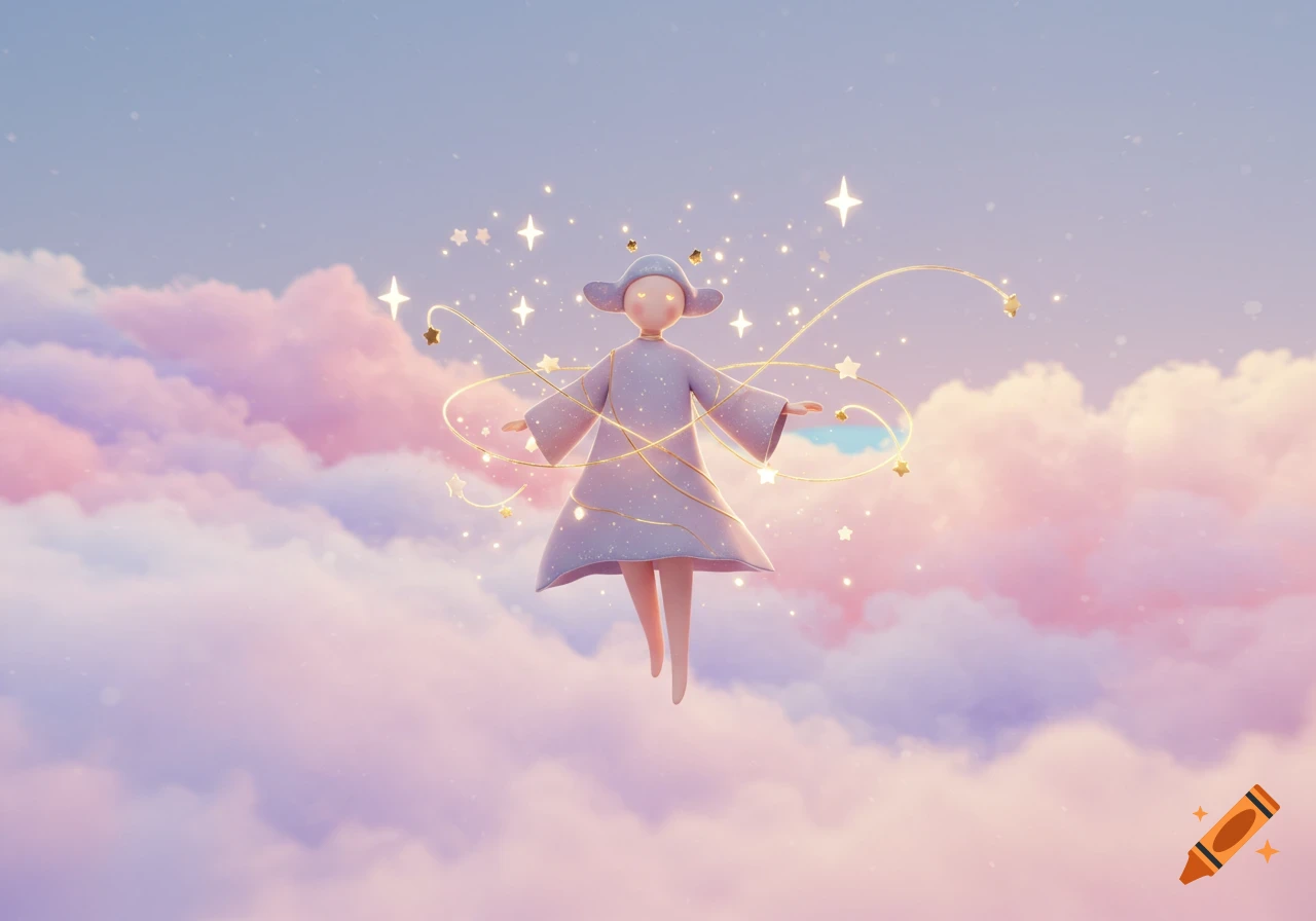 A stylized, cute character in a purple robe floats among pastel pink and purple clouds, surrounded by golden swirling lines and sparkling stars.