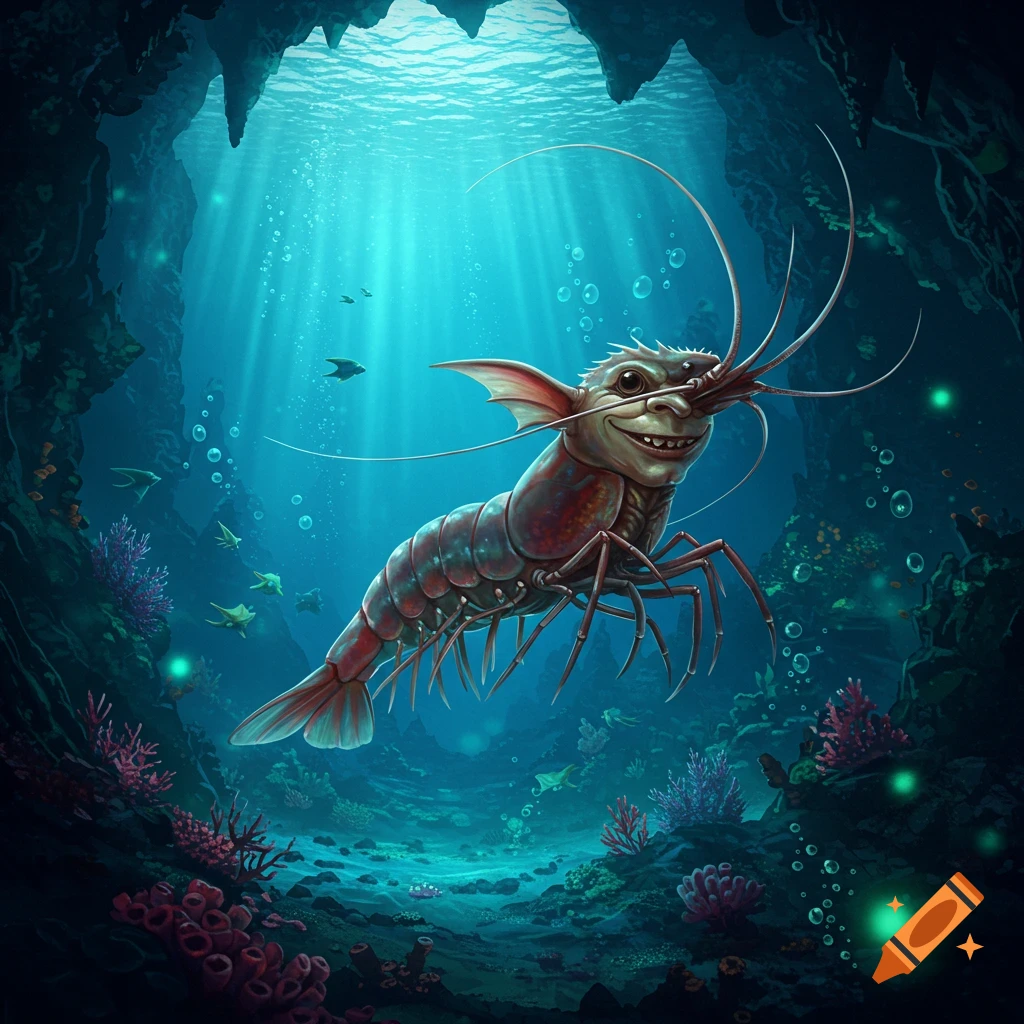A grinning goblin-shrimp hybrid creature with large antennae and fins swims in a vibrant underwater cave, surrounded by coral and light rays, digital art.