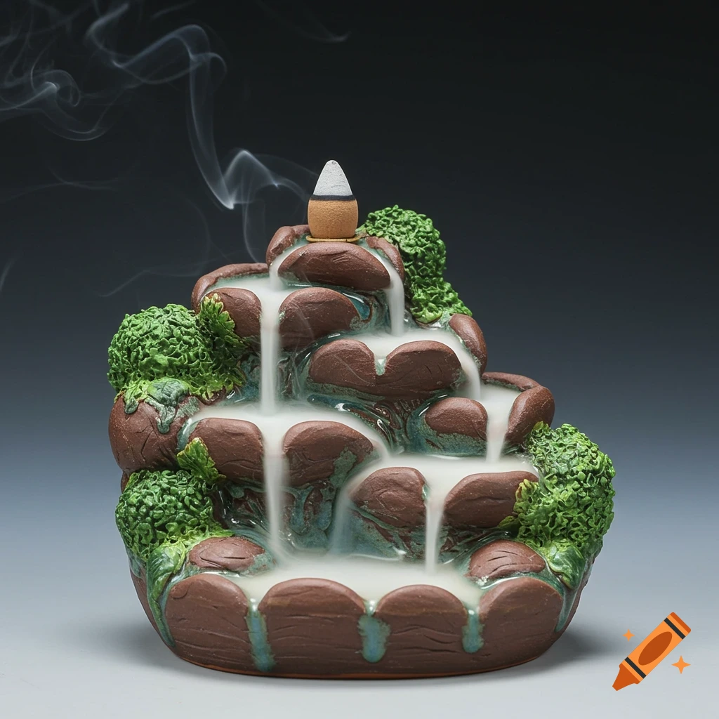 A ceramic backflow incense burner shaped like a multi-tiered waterfall, with white smoke flowing down its tiers and green moss accents.