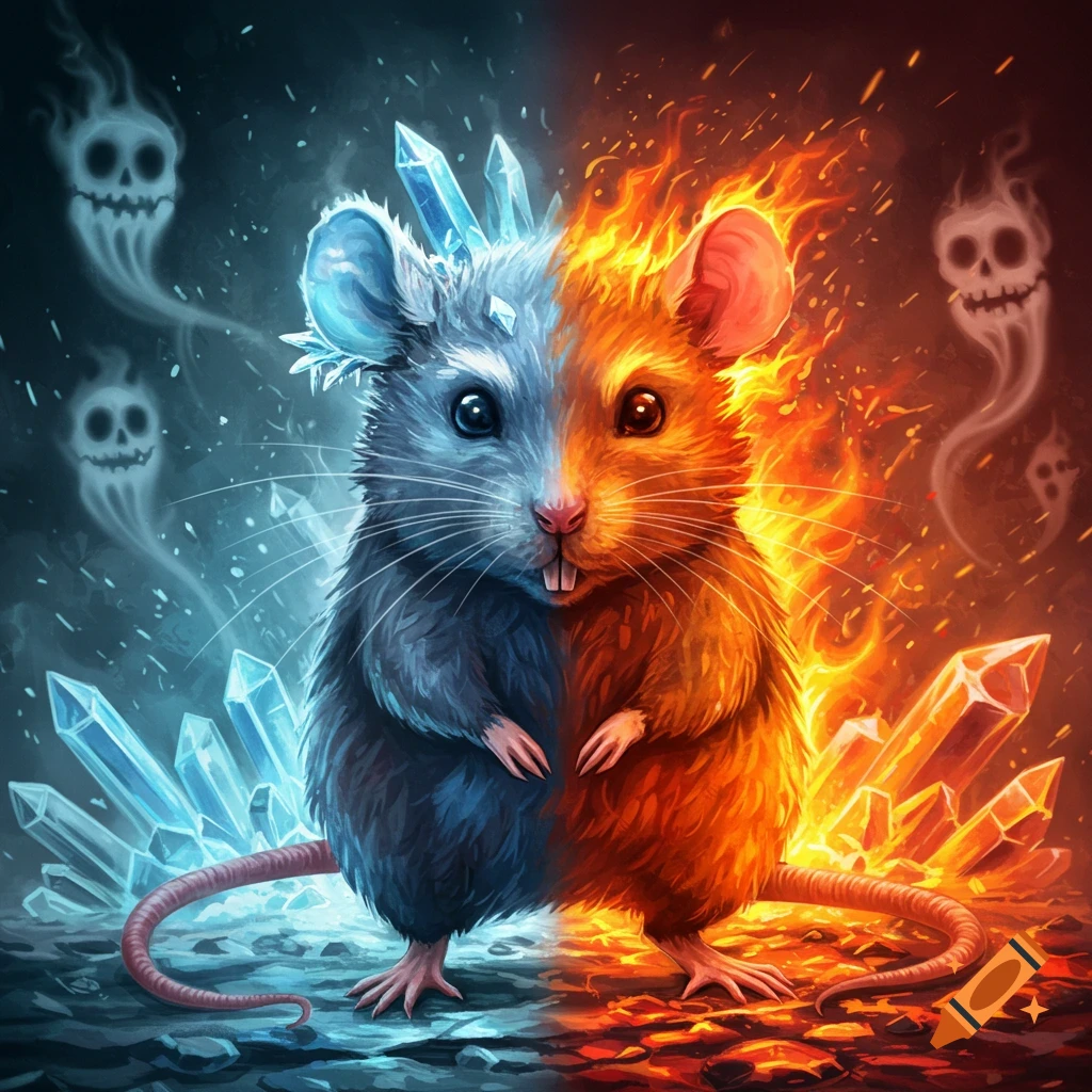 A fantastical cute rat split into a blue ice half with crystals and an orange fire half with flames, against a background of floating skull ghosts.