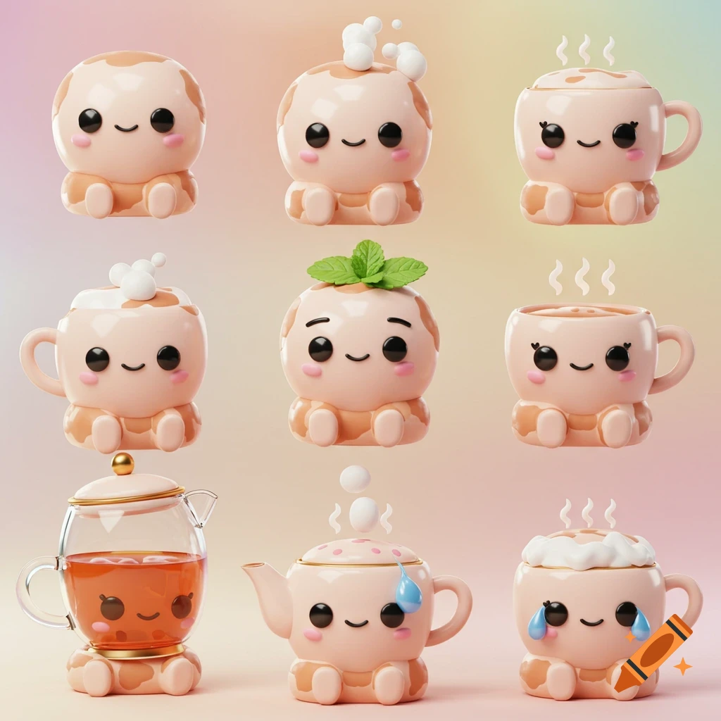 A grid of nine super cute, 3D hyperrealistic kawaii tea characters, including smiling teacups and teapots.