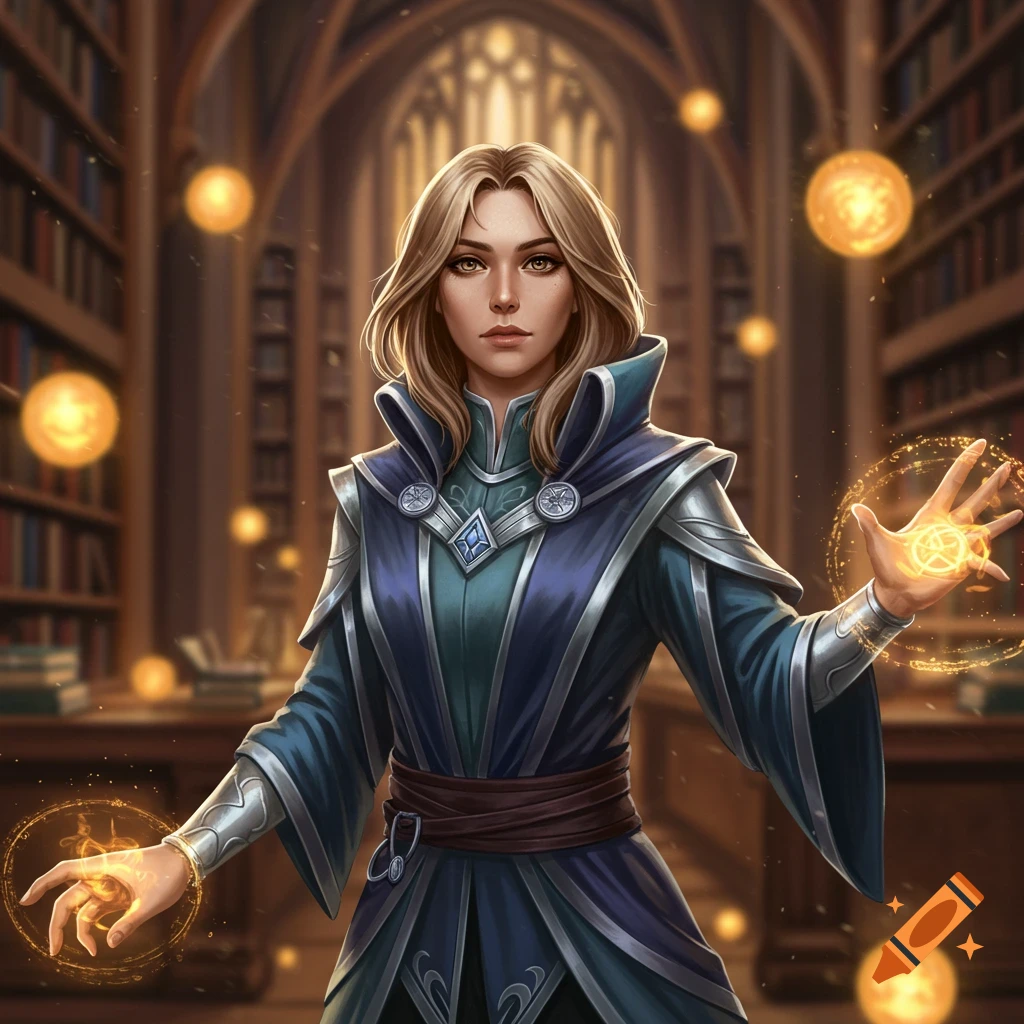 A female arch-mage with blonde hair and brown eyes, wearing elegant blue robes, casting magic with glowing orbs in a grand library.