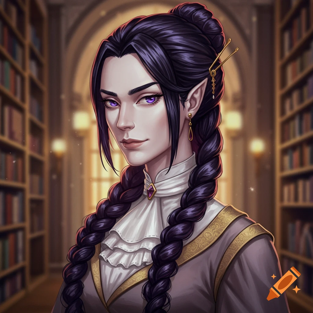 An elegant fantasy illustration of a woman with long dark braids, purple eyes, and pointed ears, wearing an ornate dress in a library.