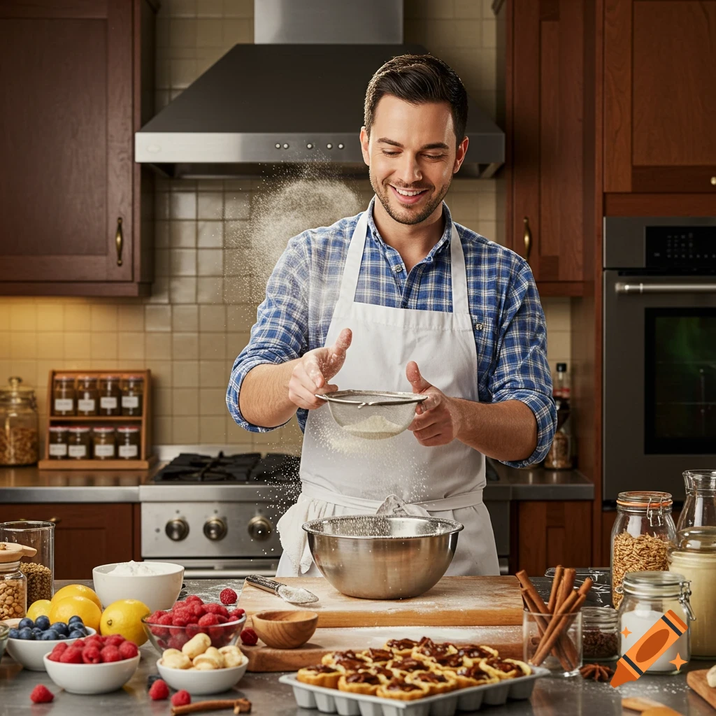 Smiling man in a kitchen sifting flour into a bowl, surrounded by ingredients and baked goods, photorealistic style.