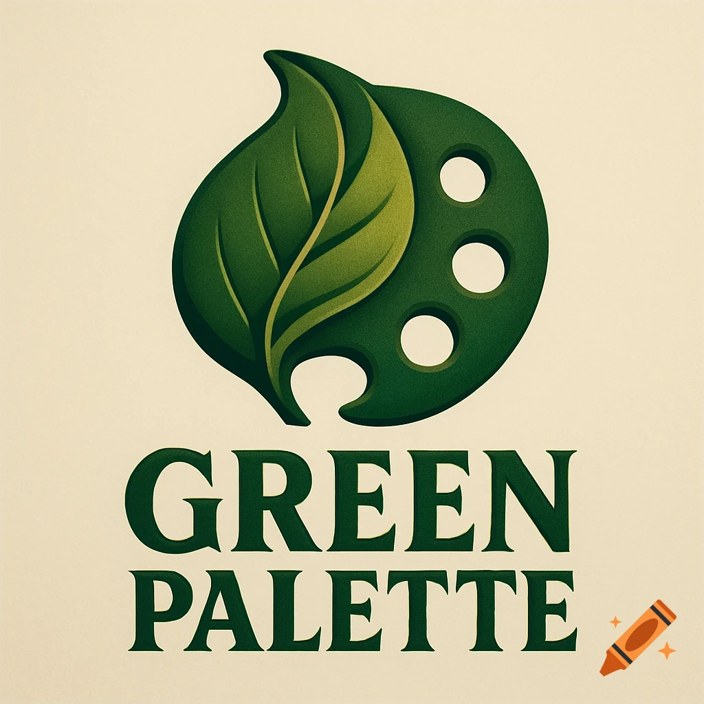 Logo for 'Green Palette' featuring a green leaf merged with a painter's palette, with text below.
