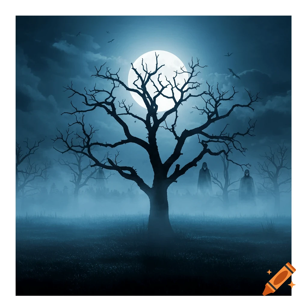 A spooky, moonlit scene with a large bare tree, two cloaked figures in fog, and bats flying in a dark sky.