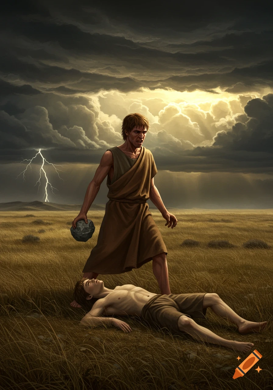 An angry man in ancient clothes holds a rock over another man lying in a grassy field under a stormy sky with lightning.