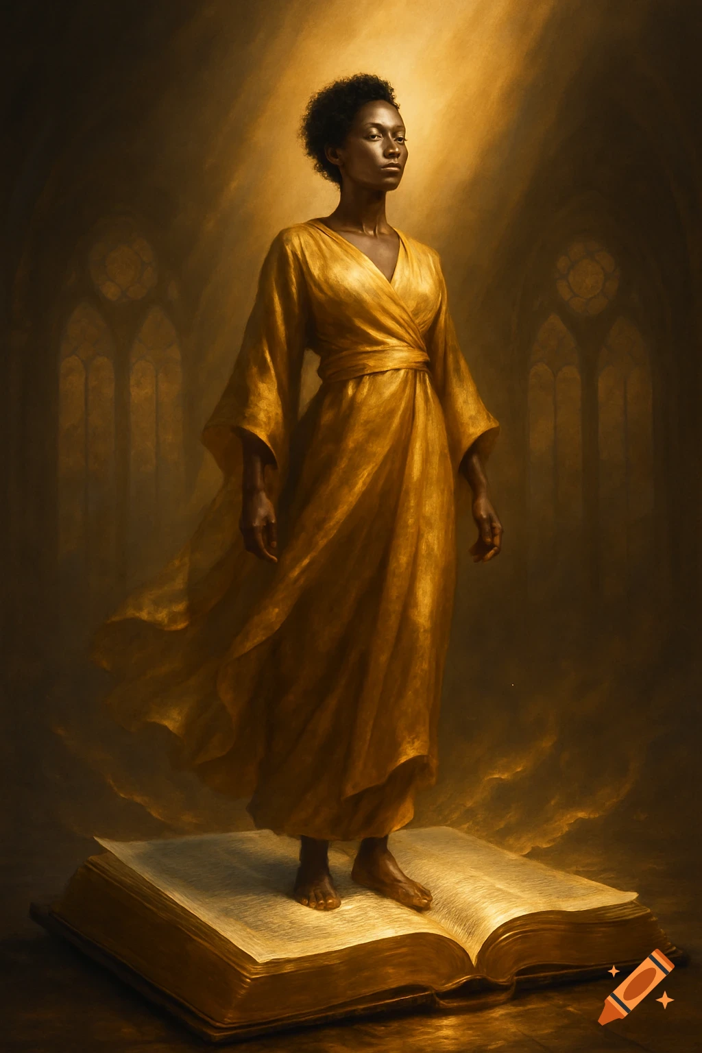 A Black woman in a flowing golden robe stands barefoot on an open book, illuminated by light from above in a painterly church setting.