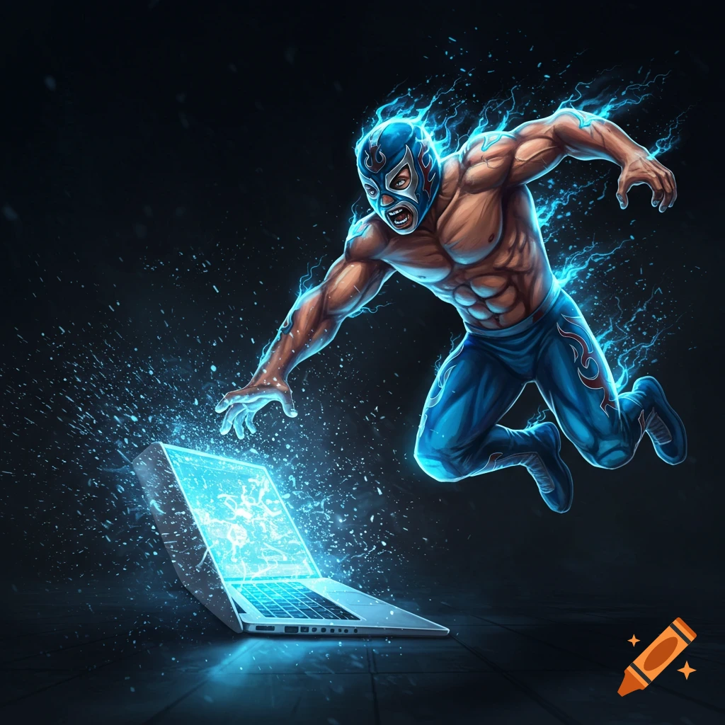 A muscular, masked wrestler with blue energy aura jumps towards a laptop, which emits blue electricity.