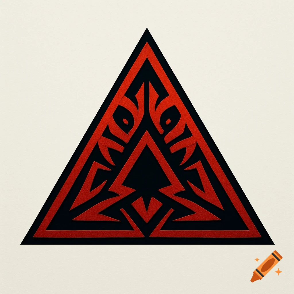 A red and black triangular logo with intricate, abstract patterns on a light background.