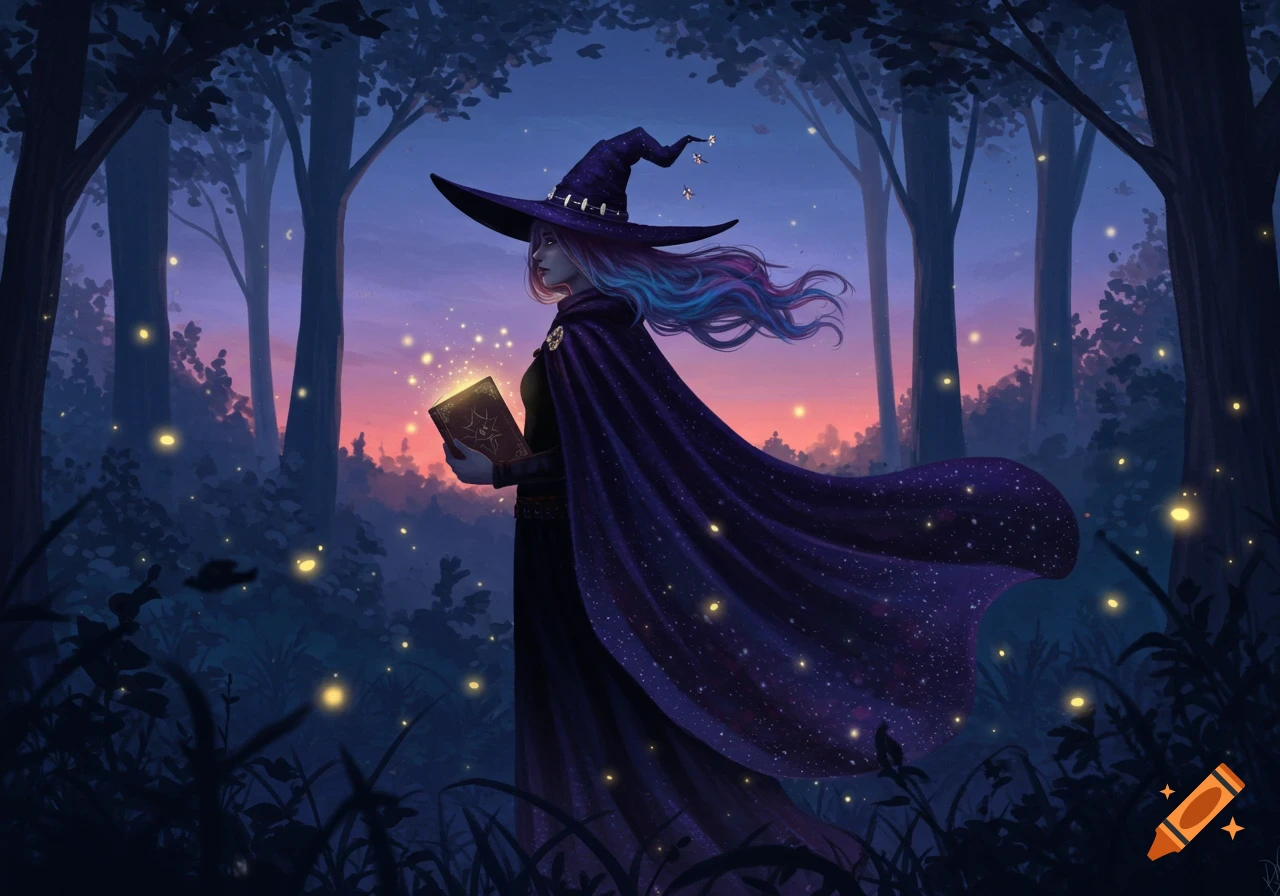 A witch with colorful hair, a starry cape, and a wide hat holds a glowing book in a magical forest at dusk with fireflies.