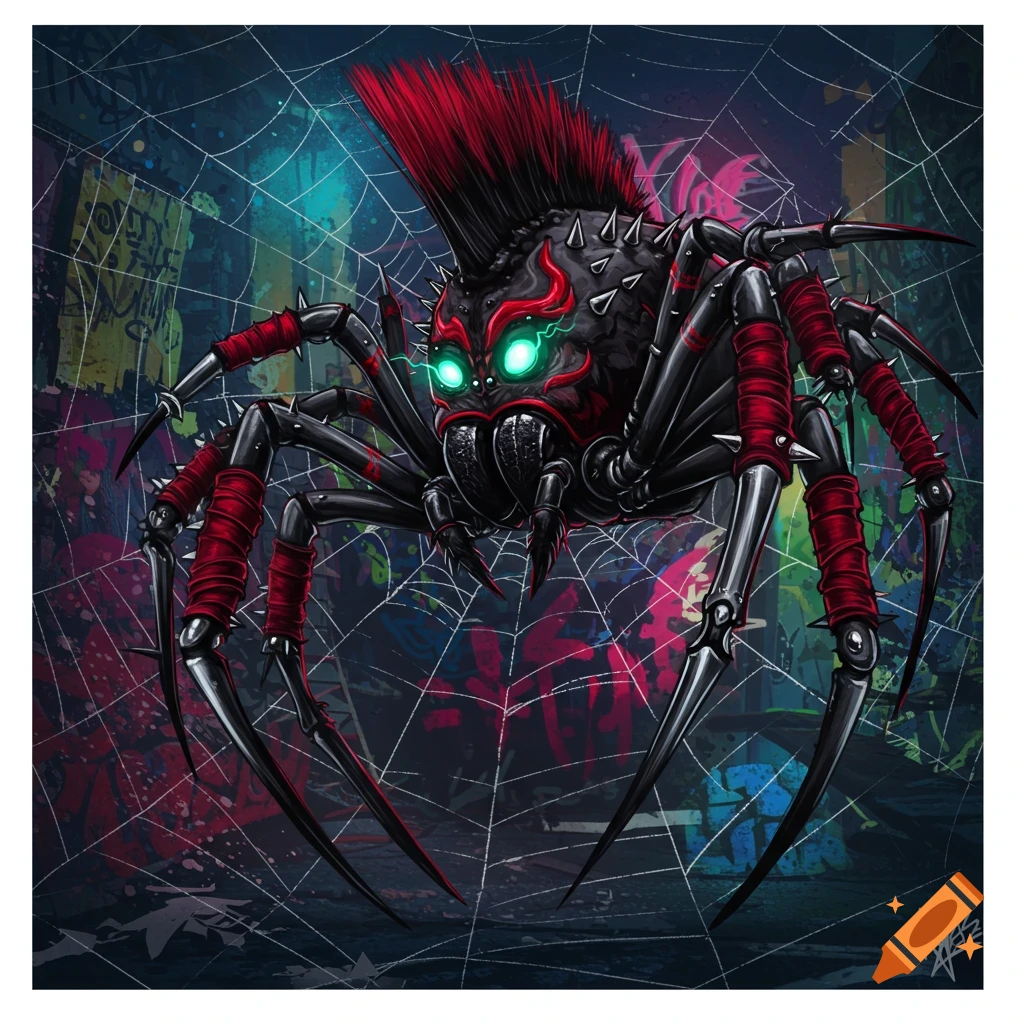 A stylized black and red punk spider with a mohawk, spikes, and glowing green eyes, sitting on a web against a graffiti background.