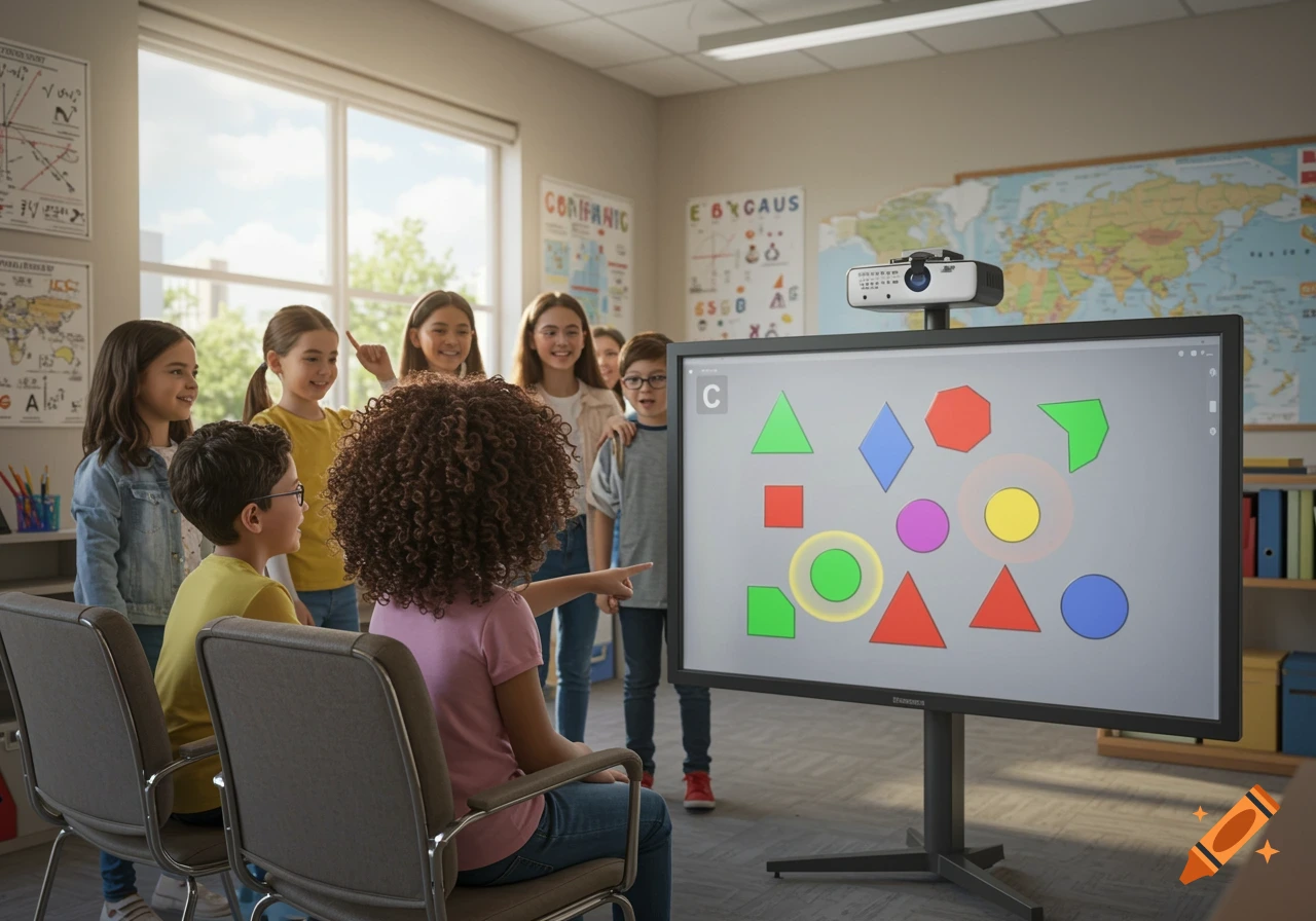 A group of diverse students in a bright classroom, some sitting and some standing, interacting with a large screen displaying colorful 2D shapes like triangles, squares, circles, and octagons.