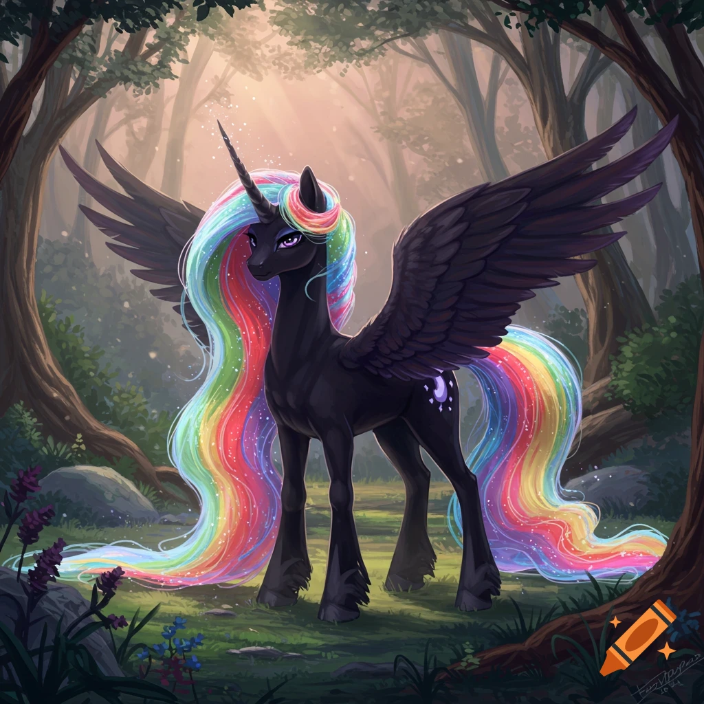 A black alicorn with a flowing rainbow mane and tail stands in a mystical forest, bathed in soft light.