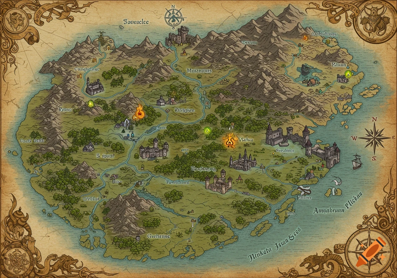 Detailed hand-drawn fantasy island map with mountains, forests, castles, towns, rivers, and seas, within ornate borders.