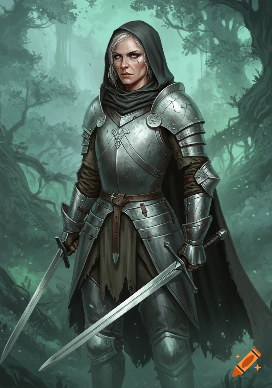 An older female soldier in silver armor and a hooded cloak holds two swords in a misty green forest, fantasy art style.