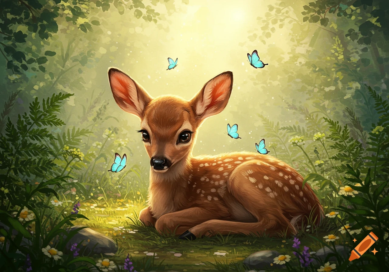 A cute, shy fawn with big eyes sits in a bright, lush forest surrounded by blue butterflies, in an illustrative style.