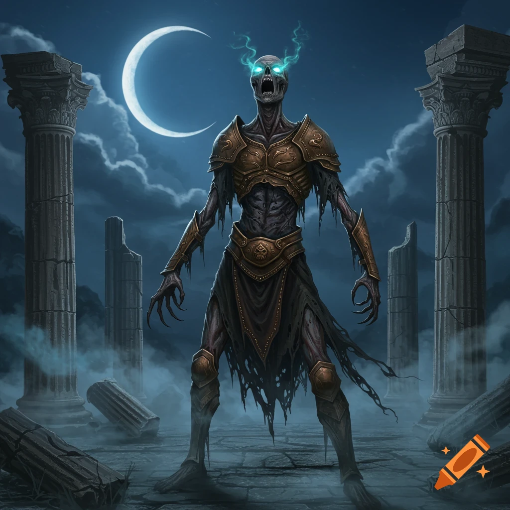 A gaunt, armored ghoul with glowing blue eyes stands among broken classical pillars under a crescent moon in a dark, misty fantasy setting.