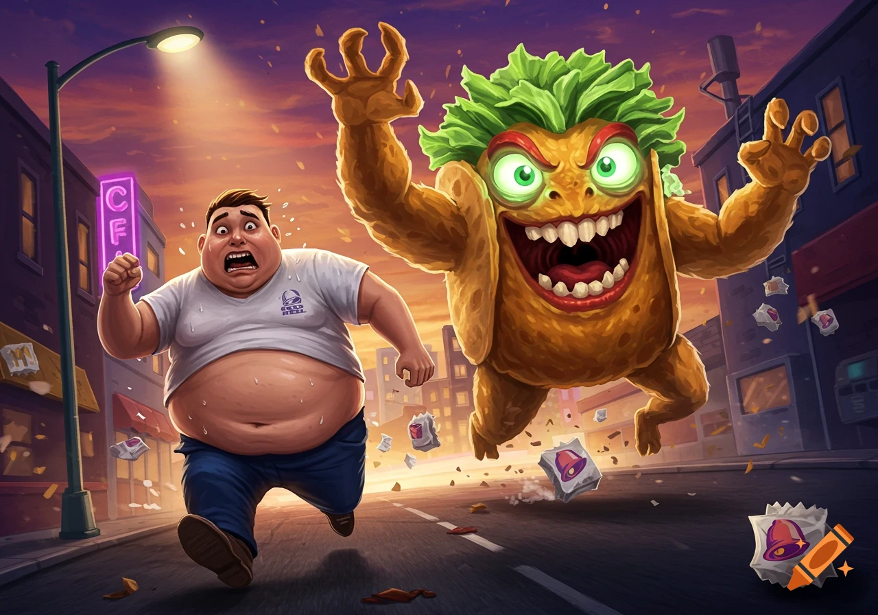 A cartoonish, morbidly obese man runs terrified from a monstrous, green-haired taco creature on a city street.
