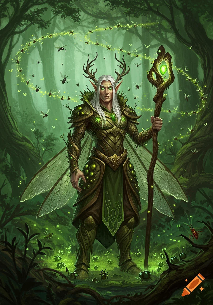 A male wood elf druid with antlers and wings stands in an enchanted forest, holding a glowing staff amidst a swarm of fireflies.