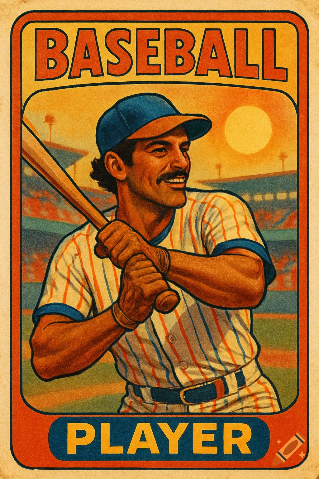A retro 70s baseball card illustration of a smiling player holding a bat against a sunset stadium background, with 'BASEBALL' and 'PLAYER' text.