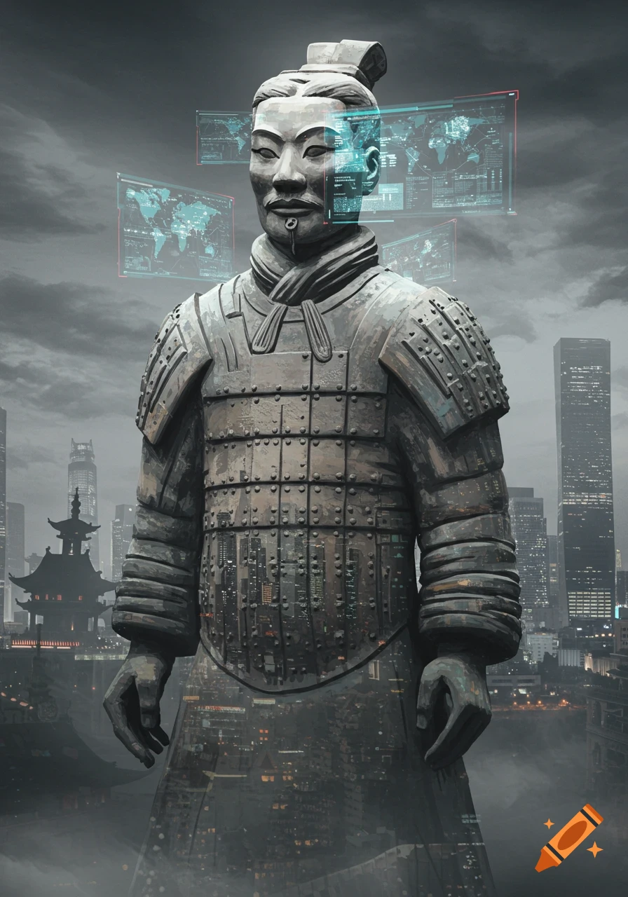 A Terracotta Warrior statue with glowing holographic screens around its head, against a modern city skyline.