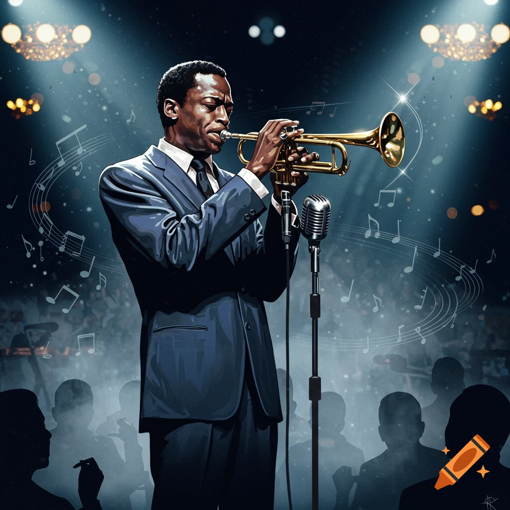 Stylized illustration of a jazz trumpeter, resembling Miles Davis, performing on a spotlighted stage with musical notes.