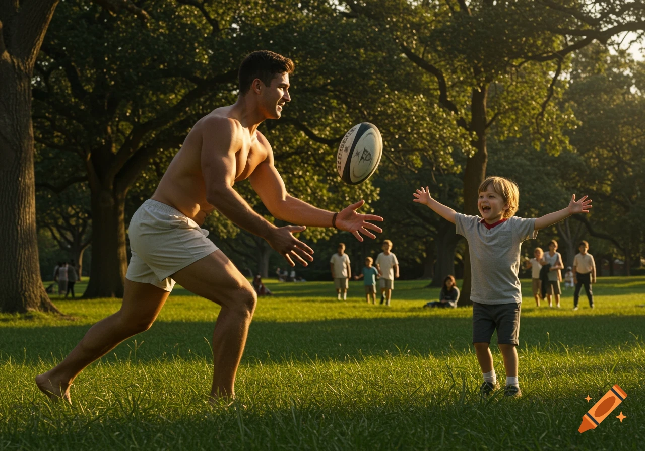 A shirtless man throws a rugby ball to a laughing child in a sunny park.