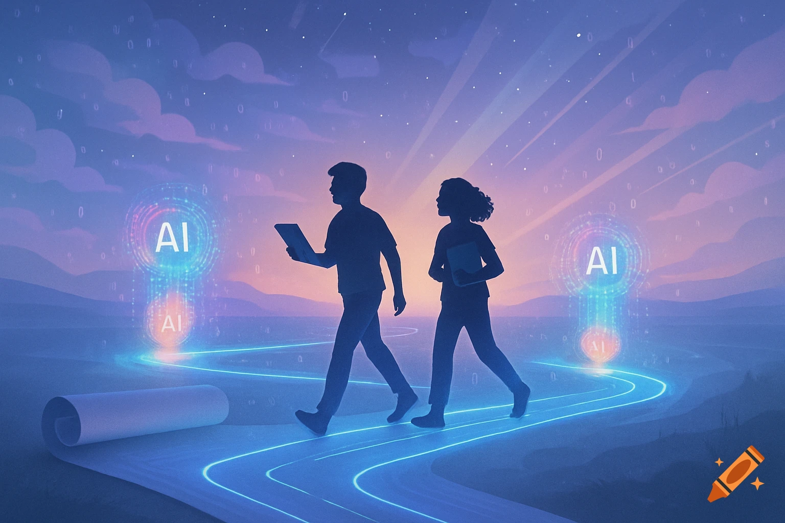 Digital illustration of two silhouettes walking on a glowing path under a twilight sky with 'AI' symbols.