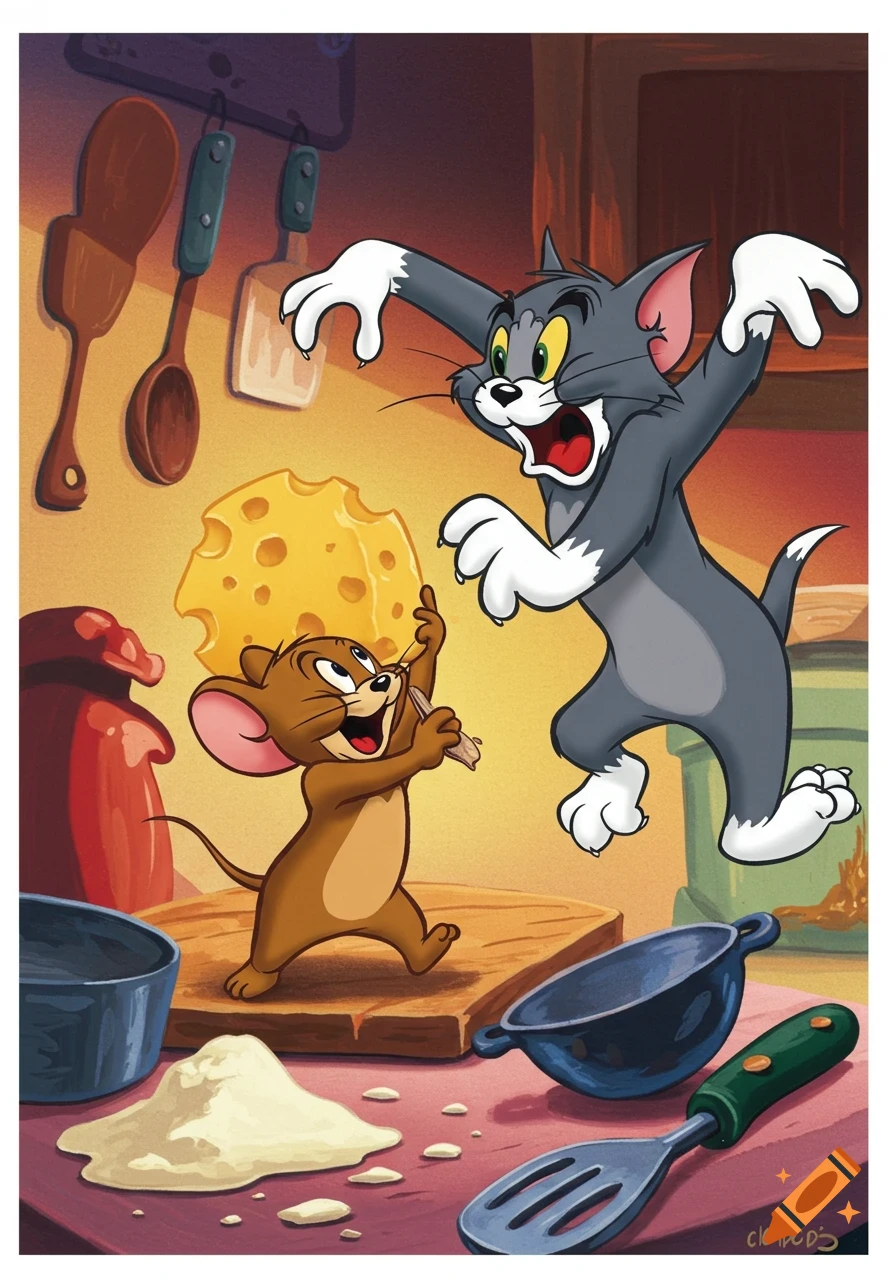 A cartoon of Jerry mouse holding a large piece of cheese as a startled Tom cat lunges towards him in a messy kitchen.
